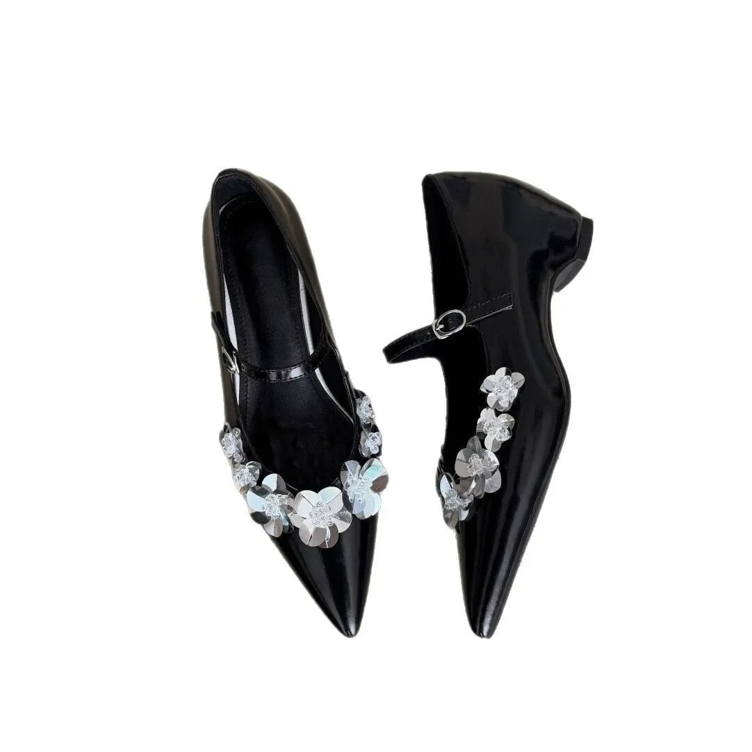 LBSFY -2025 New Style Japanese Bright Sequin Flower Embellished Mary Jane Women's Shoes French Style Increased Height Pointed Toe Singl