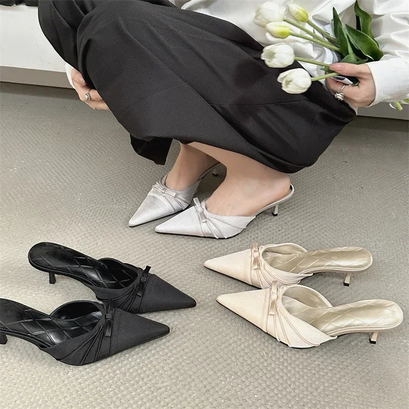 LBSFY -Spring Summer High Quality Butterfly-knot Pointed Toe Mules Women Slippers Fashion Thin Heels Party Dress Shoes