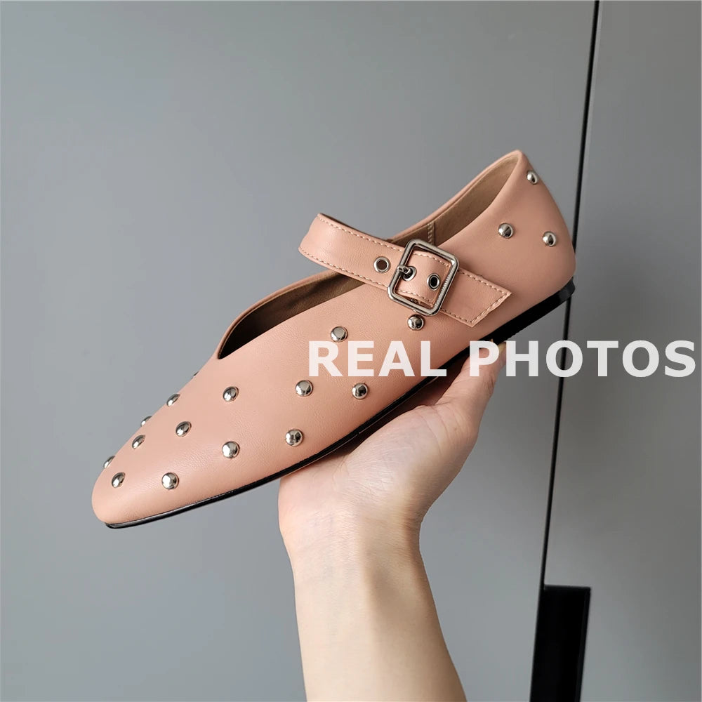 LBSFY  -  2024 New Rivets Women Flats Genuine Leather Buckles Spring Summer Fashion Soft Leather Shoes Mary Jane Flats Shoes Woman