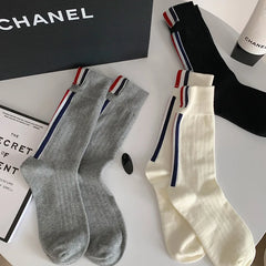 Lbsfy 3 Pairs Woman Tide Brand European Striped Label Solid Color Spring Autumn Cotton Socks Japanese JK Three Stripes Fashion Sox
