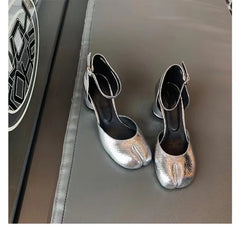 LBSFY -Fashion Tabi Ninja Shoes WomenRound Split Toe Shallow Thick Heel Sandals Single Mid Heel Mary Janes Shoes Female Pumps