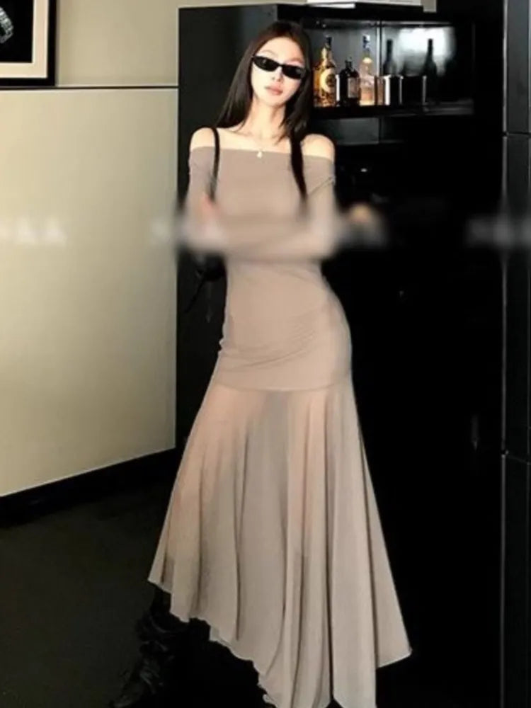 LBSFY -Sexy Vintage Elastic Women's Party Dresses 2025 Spring Autumn Long Sleeve Chic Irregular Slim Waist Slash-Neck Dress Prom Robe