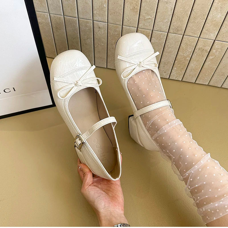 LBSFY -Ballet Style Butterfly-knot Mary Jane Shoes for Women Concise Dress Thick Heel Ladies Footwear