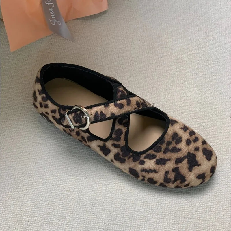 LBSFY -Luxury Spring New Women's Leopard Horsehair Narrow Band Cross Strap Flats Round Toe Leisure Soft Comfortable Female Ballerinas