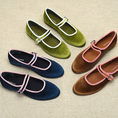 LBSFY  -  Spanish style Flats Round Toe Women's Shoes Velvet Flats Fashion Mary Jane Shoes Women Shoes Green Blue Brown