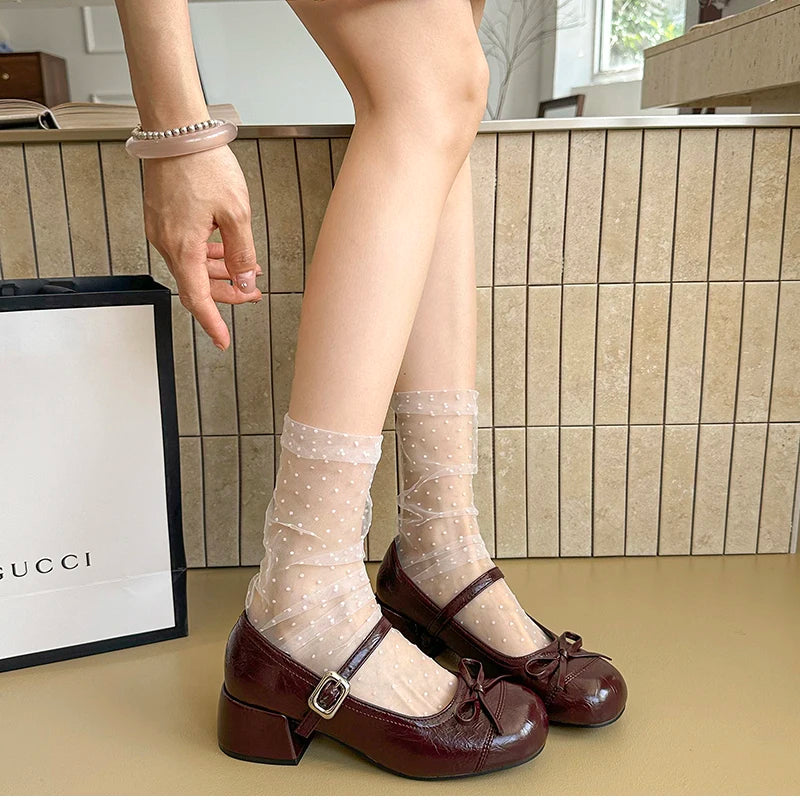 LBSFY -Ballet Style Butterfly-knot Mary Jane Shoes for Women Concise Dress Thick Heel Ladies Footwear