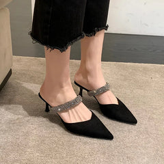 LBSFY  -  New style straight line diamond V-notch pointed high heel sandals with black sexy bun half trailer women's shoes