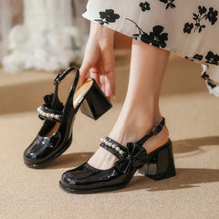 LBSFY  -  Large Size 31-43 High Heels Round Toe Chunky Heel Mary Jane Shoes Women White Black Slingbacks Patent Leather