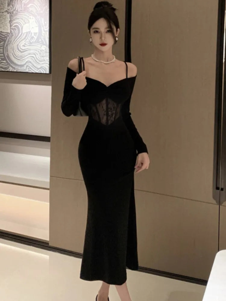 LBSFY -French Sexy Bodycon Knitted Mermaid Dresses Women Hollow Out Spaghetti Strap Corset Slim Waist Evening Party Dress Prom Vestidos