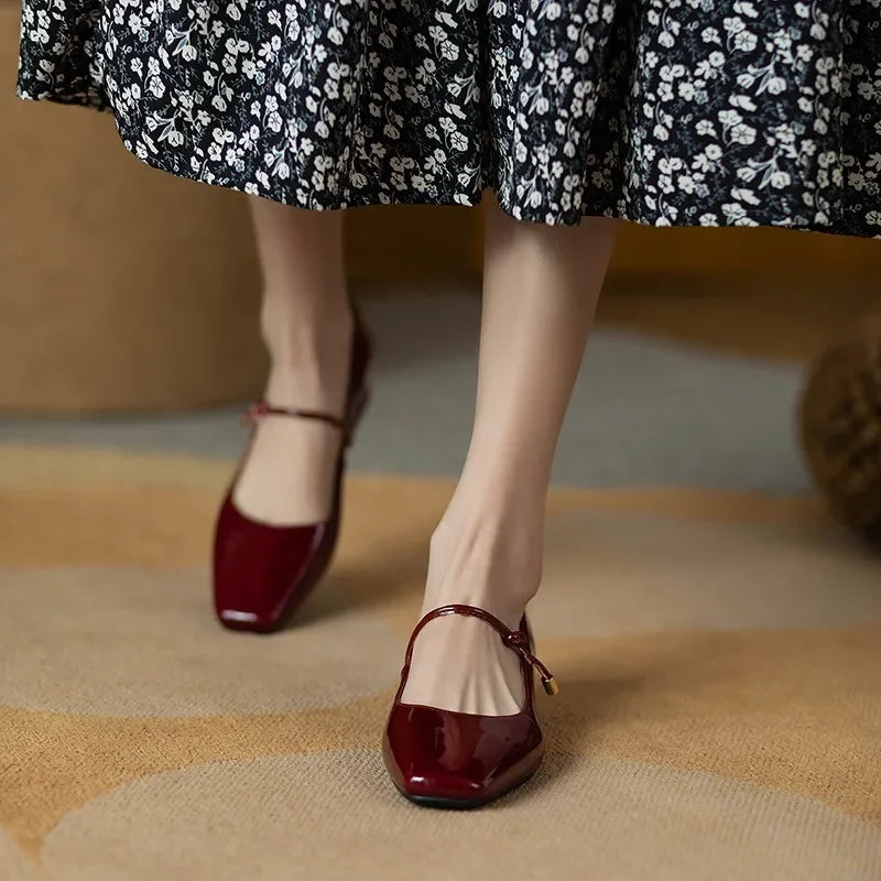 LBSFY -Elegant High Heels French Dress Party Shoes for Woman Platform Patent Leather Mary Jane Burgundy Black Square Toe Mid-heel Pumps