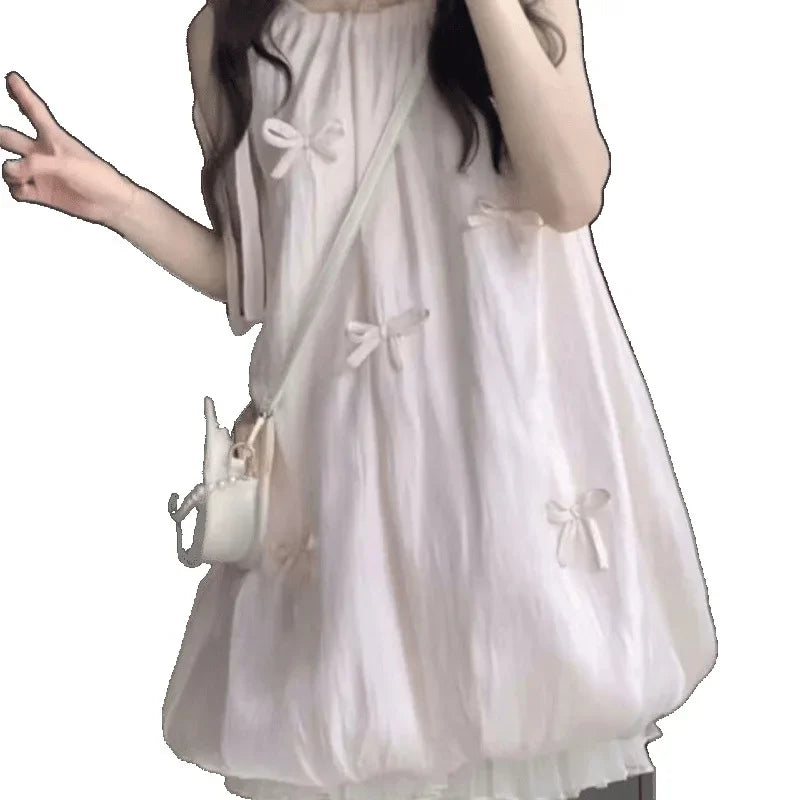 LBSFY -Sweet Pink Butterfly Knot Flower Bud Dress Women's Loose Slimming Short Skirt Summer New Style Student Mini Dress Casual Chic