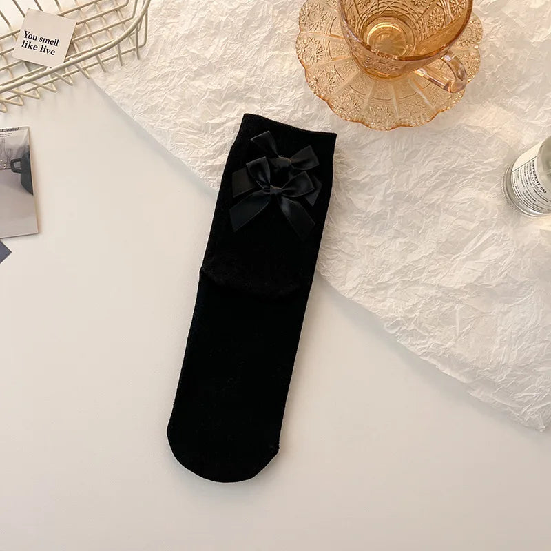 Lbsfy Women Socks Cotto Midtube Socks Black White Solid Color Japanese Harajuku Lolita Style Strawberry Bow Cotton Stockings Girl Gift