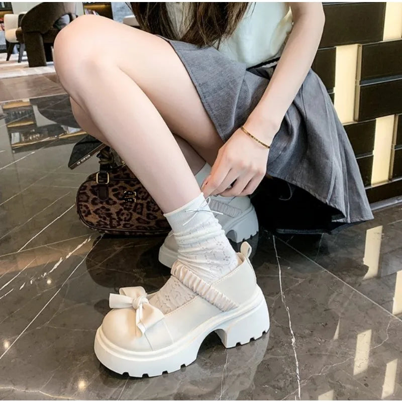 LBSFY -Japanese Style bowknot JK Thick Heel Mary Jane Women's Shoes Summer Vintage French Slip-On PU Leather Chunky Cosplay Pumps