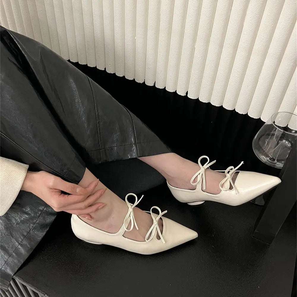 LBSFY  -  Pointed Toe Women Flats Loafers Black White Silver Wine red Fashion Dress Shoes Woman Flat Heeled Bow Design Slip On Party Shoes