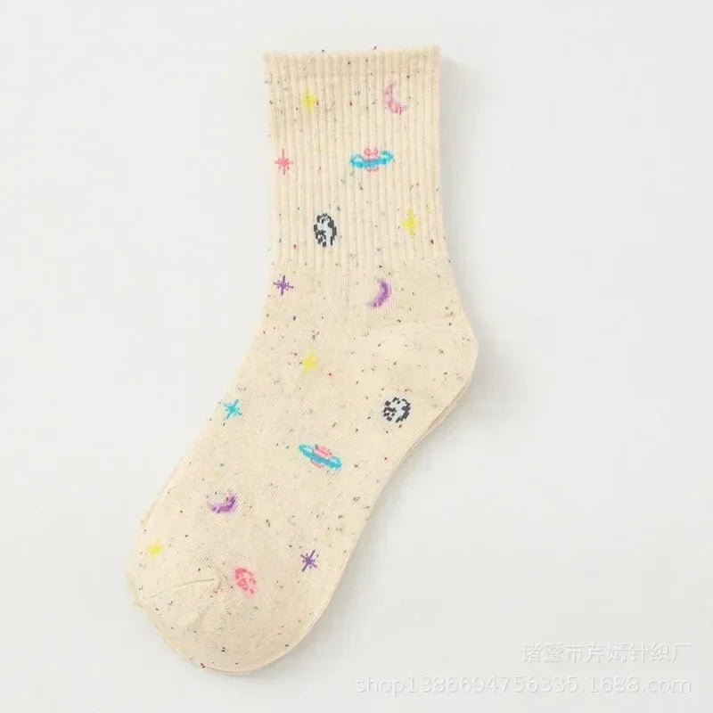 Lbsfy Funny Moon Stars Pattern Socks Women Harajuku Planet Space Tube Sock Female Colorful Sweet Warm Cute Casual Streetwear Meias