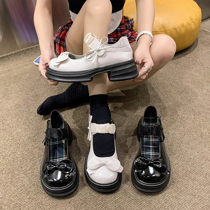 LBSFY -Luxury Platform Women Single Lolita Shoes Autumn Patent Leather Ankle Bow Mary Jane Shoes Woman Loafers Topsiders Ballerinas