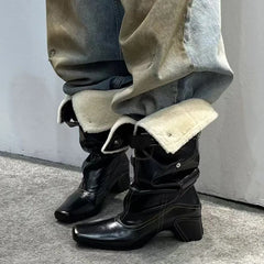 LBSFY  -   Fashion Autumn Winter Leather Warm Fur Belt Buckle Women Mid-calf Boots Vintage Sewing High heels Western Cowboy Knight Boots