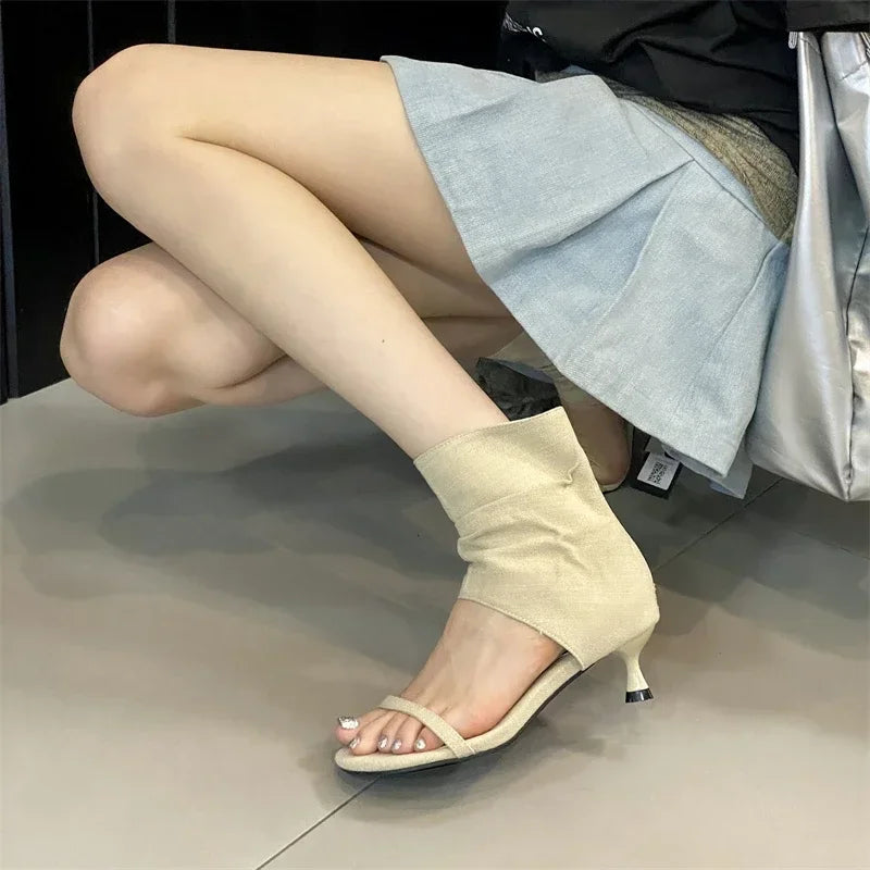 LBSFY -New Open Toe Clip-On Denim Women's Boots Sandal Pleated Low Thin Heels Concise Booties Shoes