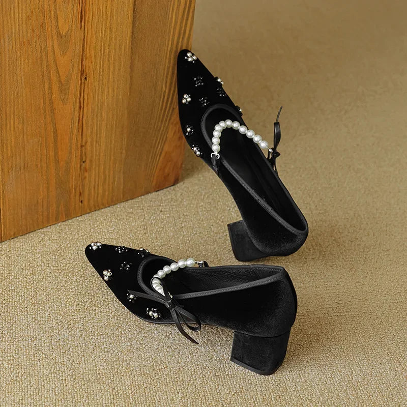 LBSFY  -  Pearl Design Mary Jane Shoes Flannel Pointed Toe Pumps Women Elegant Fashion Dress Shoes Female Comfy Chunky Classic Women Shoes