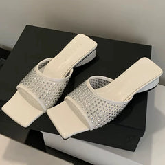 Lbsfy Summer NEW Mesh Breathable Slippers Women Rhinestone Square Toe Slides Female Footwear Fashion Sandals Ladies Zapatos De Mujer
