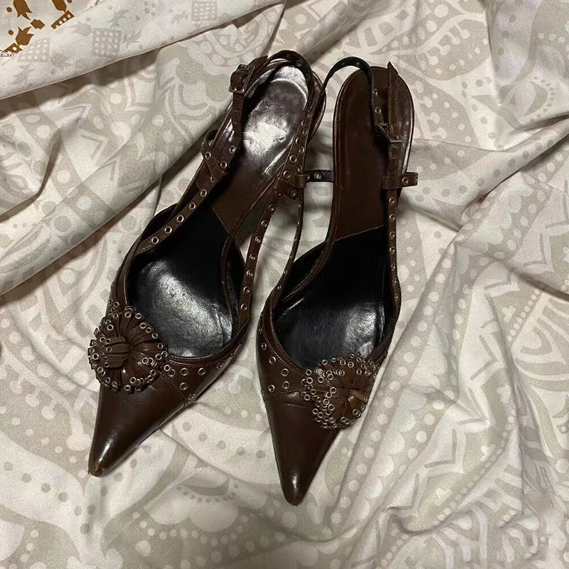 LBSFY  -  Brown Studs Pointed Toe High Heels Ladies Summer Sexy Single Shoes for Women Party Dress Pumps Sandalias De Mujer Verano