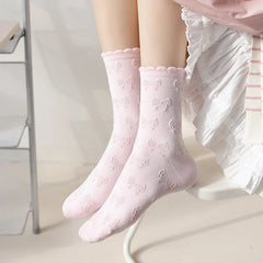 Lbsfy Socks Spring Summer Solid Color Casual Bow Lace Sweet Style Girl Cotton Middle Tube Woman Girls Gift Lolita Harajuku Socks