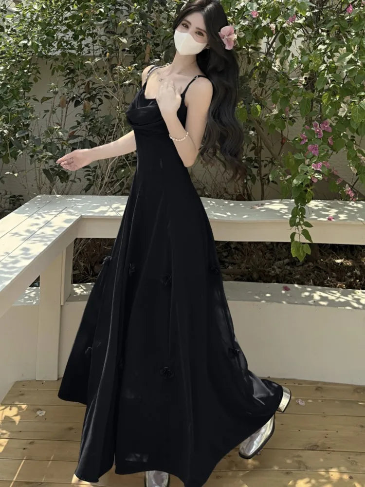 LBSFY -Summer Fairycon Korean Floral Long Womens Dresses New Fashion Slim Waist Spaghetti Strap Party Dress 2025 Holiday Vacation Robe
