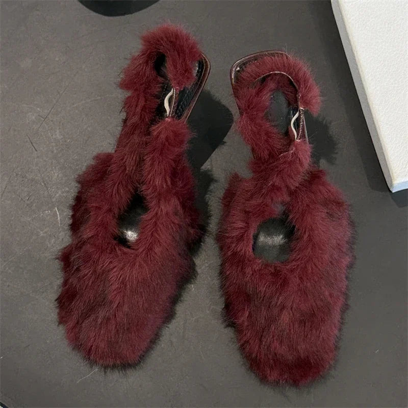 LBSFY  -  Design Style Furry Corduroy Square Toe Woman Pumps Sandals Sexy Slingbacks Thin High Heels Banquet Dress Shoes