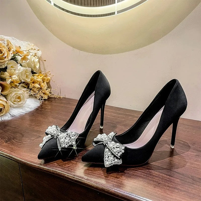 LBSFY -New Fashion Bowknot Pointed Toe High Heels Pumps Women's Stiletto White Pearl Bridal Wedding Shoes Banquet Party Dress Shoes