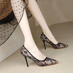 LBSFY  -  2024 Summer New Europe and The United States Sexy Slim High Heels for Women Slim Heel Shallow Mouth Pointed Lace Single Shoes