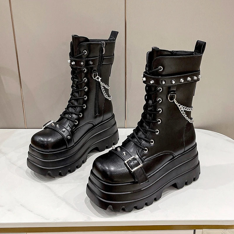 LBSFY  -  Autumn Winte Punk Halloween Witch Cosplay Platform High Wedges Heels Black Gothic Boots Women Shoes Big Size 42 Rivet Shoe