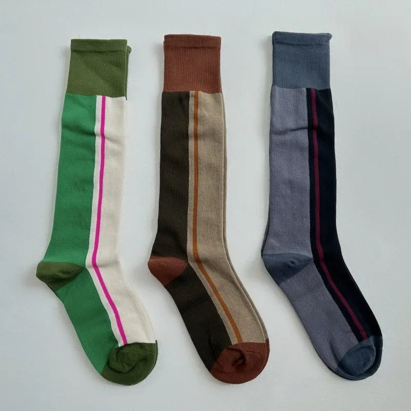 Lbsfy Spring Autumn Ins Fashion Woman Maillard Color Striped Retro Calf Socks Cotton High Tube Soft Sport Eutopean Women's Casual Sox