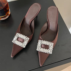 LBSFY -Spring Pointed Toe Crystal Buckle Mules Slippers Women Fashion Thin Heels Casual Party Shoes Zapatos De Mujer