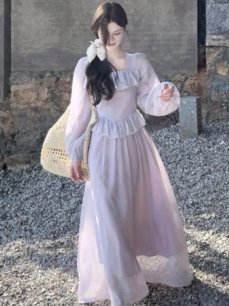 LBSFY -Elegant French Romantic Ruffles Chiffon Purple Women's Dresses Square-Collar Slim Waist Long Sleeves  korean Dress Vacation New