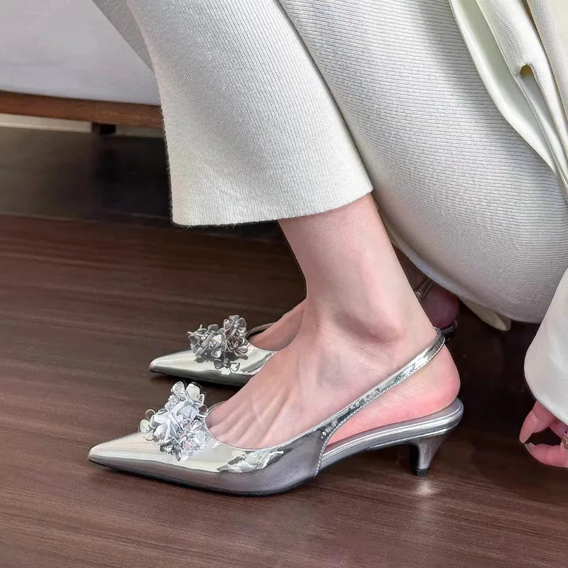 LBSFY -New Style Women's Spring Green Flower Pointed Elegant High Heels for Women Fashion Shallow Mouth Slingbacks Sandals Casual Pumps