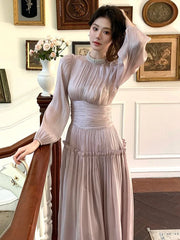 LBSFY -2025 New Elegant Chic French Pleated Solid Dress Puff Sleeves Slim Waist Midi Women's Dresses Party Prom Female Clothes Mujer