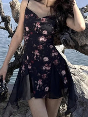 LBSFY -Summer Elegant Print Chic Ruffle Short Dress V-Neck Concert Strap Chiffon Party Dresses Women Spliced Graduation Clothes 2025