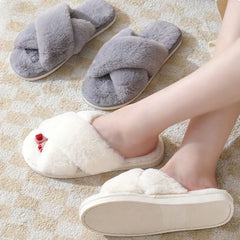 LBSFY  -  Fashion Cross Strap Fur Slippers Women Comfort Soft Long Plush Winter House Slides Woman Peep Toe Faux Fur Warm Cotton Slippers