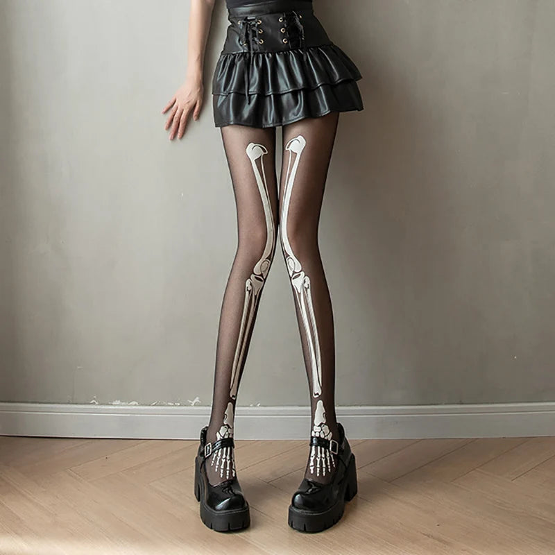 Lbsfy Women's Stockings Sexy Thin Black Thin Leggings Halloween Skeleton Silk Tights  Skull Print Pantyhose Cosplay Party