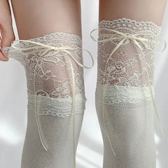 Lbsfy Thigh High Socks Knit Lace Bowknot Autumn and Winter Thick Leg Warmers Stockings White Black Lolita Cute Over the Knee Socks