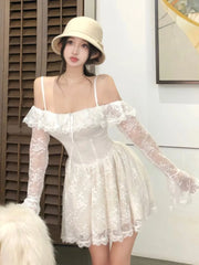 LBSFY -Sexy Lace Mini Dress for Women Sweet Slash Neck Spaghetti Strap Flare Long Sleeves Ruffle Slim Party Dresses Female Clothing New