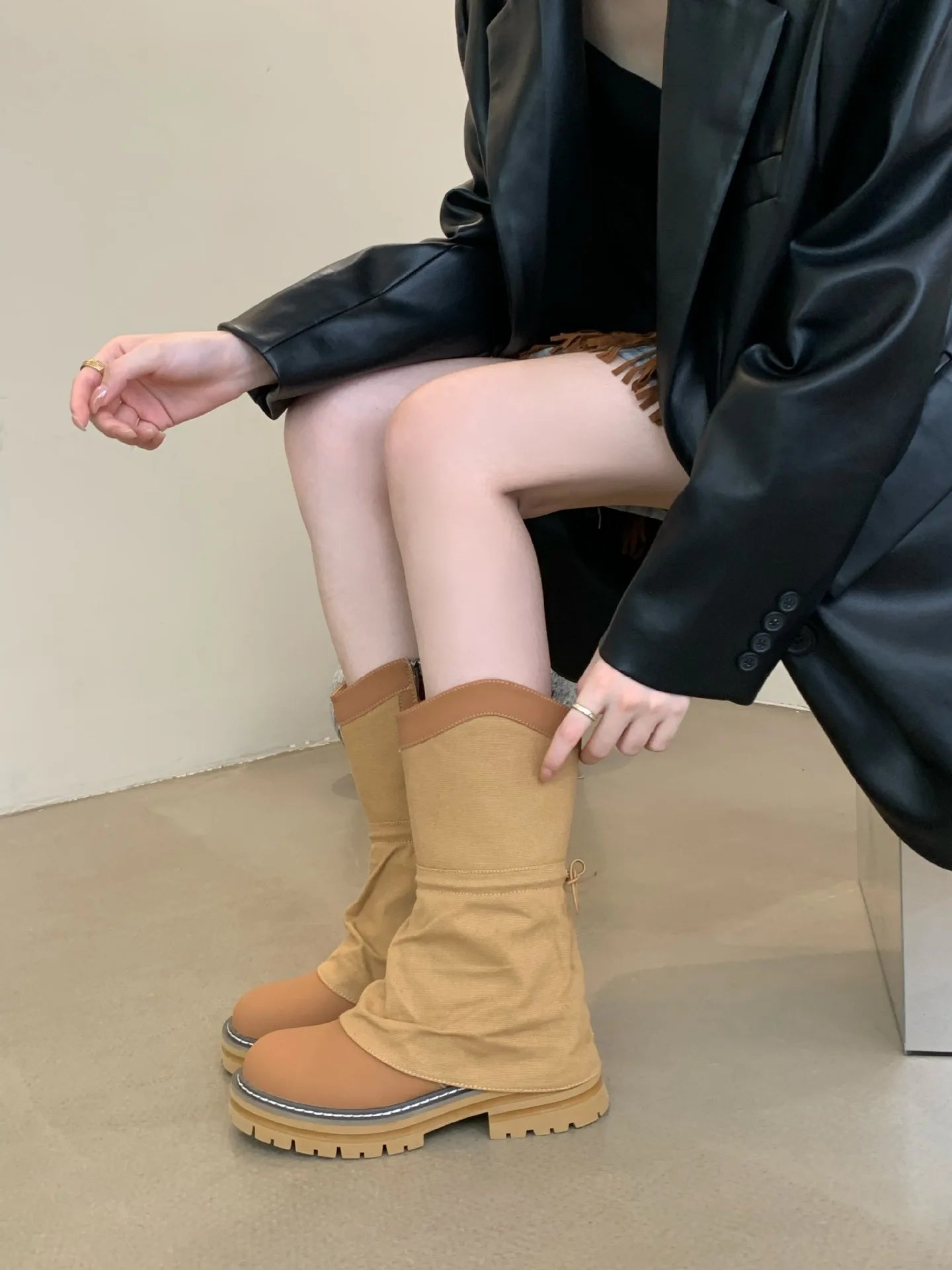 LBSFY  -  European American Mid Length Thick Middle Heel Fashionable Slim Pants Side Zipper Knight Women's Boots Round Toe Roman Boots