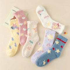 Lbsfy Socks Women Winter Warm Fluffy Fuzzy Cute Middle Tube Thick Thermal Soft Coral Fleece Floor Sleep Cartoon Star Short Crew Socks