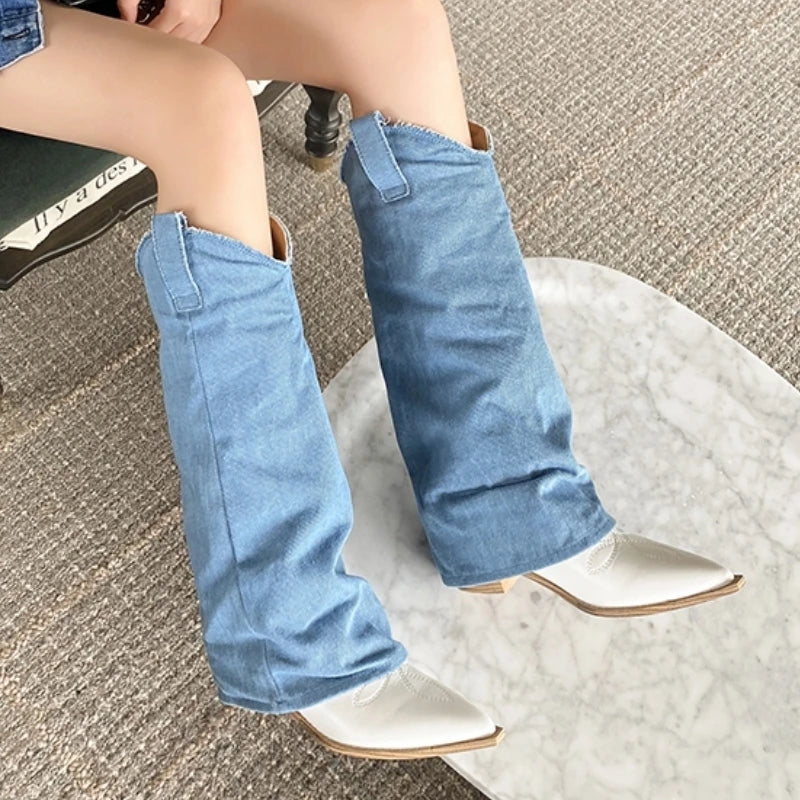 LBSFY  -  Pointed Toe Embroidery Denim Western Cowboy Boots Brand Designer Retro Thick Heel Knee-High Botas Winter Slip-On Shoes for Women