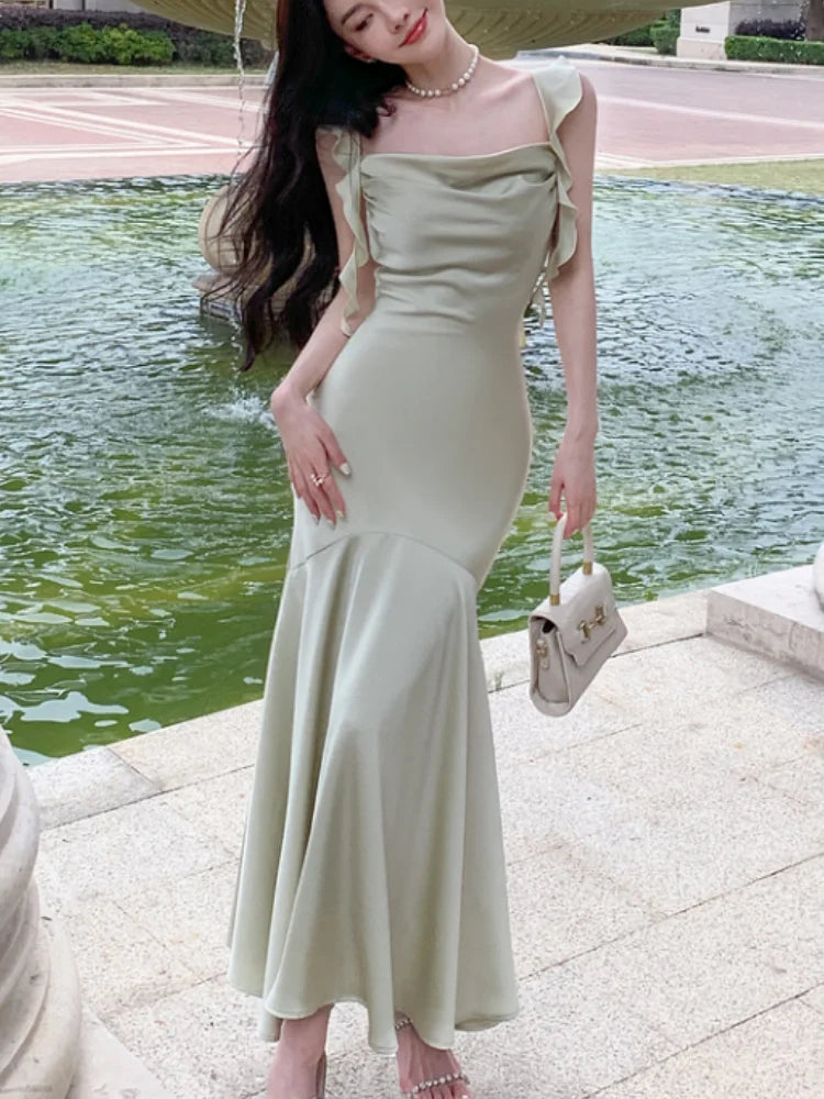 LBSFY -Elegant Chic Ruffles Women's Mermaid Dresses 2025 Summer New Fashion Bodycon Strap Vacation Vestidos Wedding Party Clothing