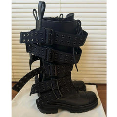 LBSFY  -  European Station Roman Style Belt Buckle Rivet Knight Boots Women's Thick Soled Motorcycle Boots Not Over The Knee Long Boots