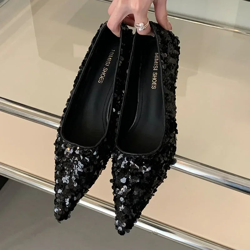 Lbsfy Bling Luxury Pumps Women Footwear Pointed Toe Shallow Low Heel Dress Shoes Female Comfort Elegant High Heels Zapatos De Mujer