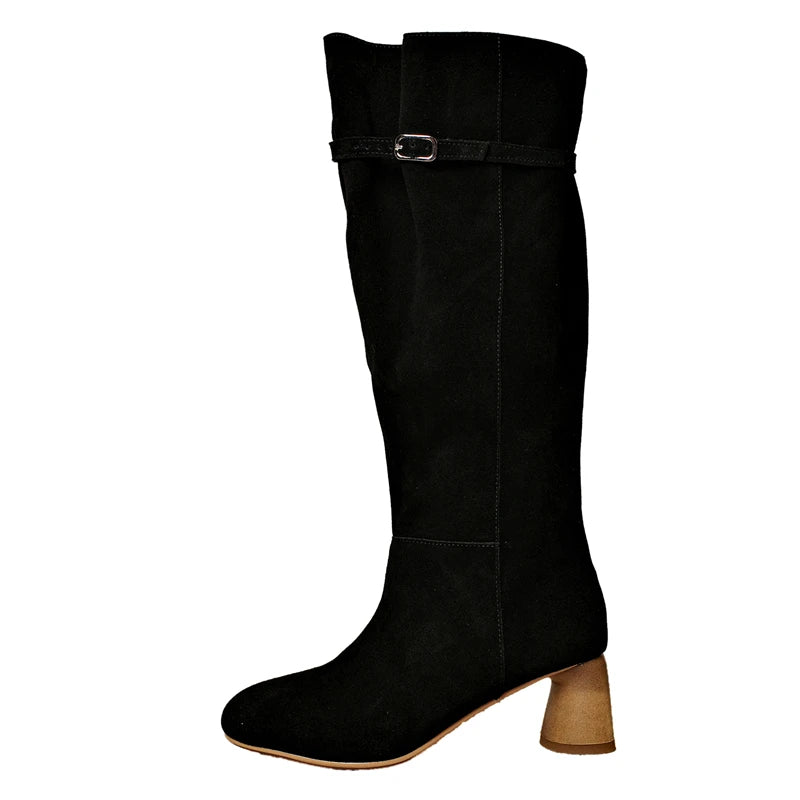 LBSFY  -  Ins Hot Cow Suede Leather Knee High Boots Round Toe Slip On High Heels Buckle Black Brown Women Boots Fashion Shoes
