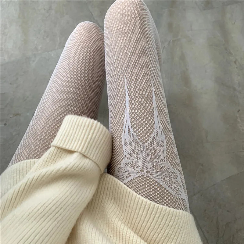 Lbsfy Fishnet Stockings Women Solid Color Black White Grid Crotchless Pantyhose Long Socks Lace Nightclub Sexy Stockings