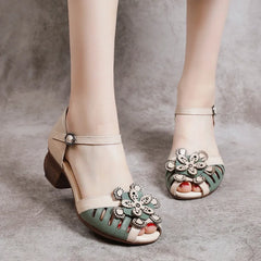 LBSFY  -   Women Mother Ladies Female Genuine Leather Sandals Shoes Platform Summer Cool Beach Retro Flowers High Heel Buckle Strap